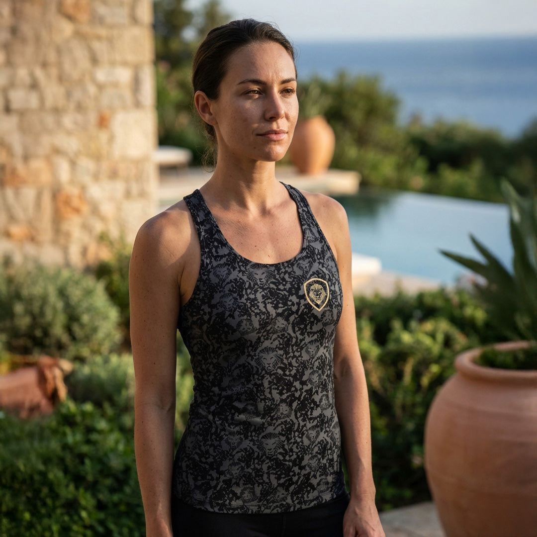 Women's Lion Shield Charcoal Grey Pattern Print Performance Midi Tank