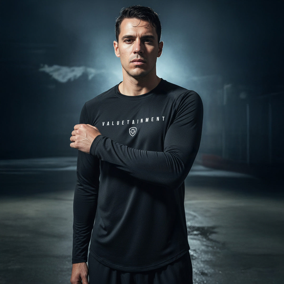 Valuetainment Premium Black Curved Hem Long Sleeve T-Shirt