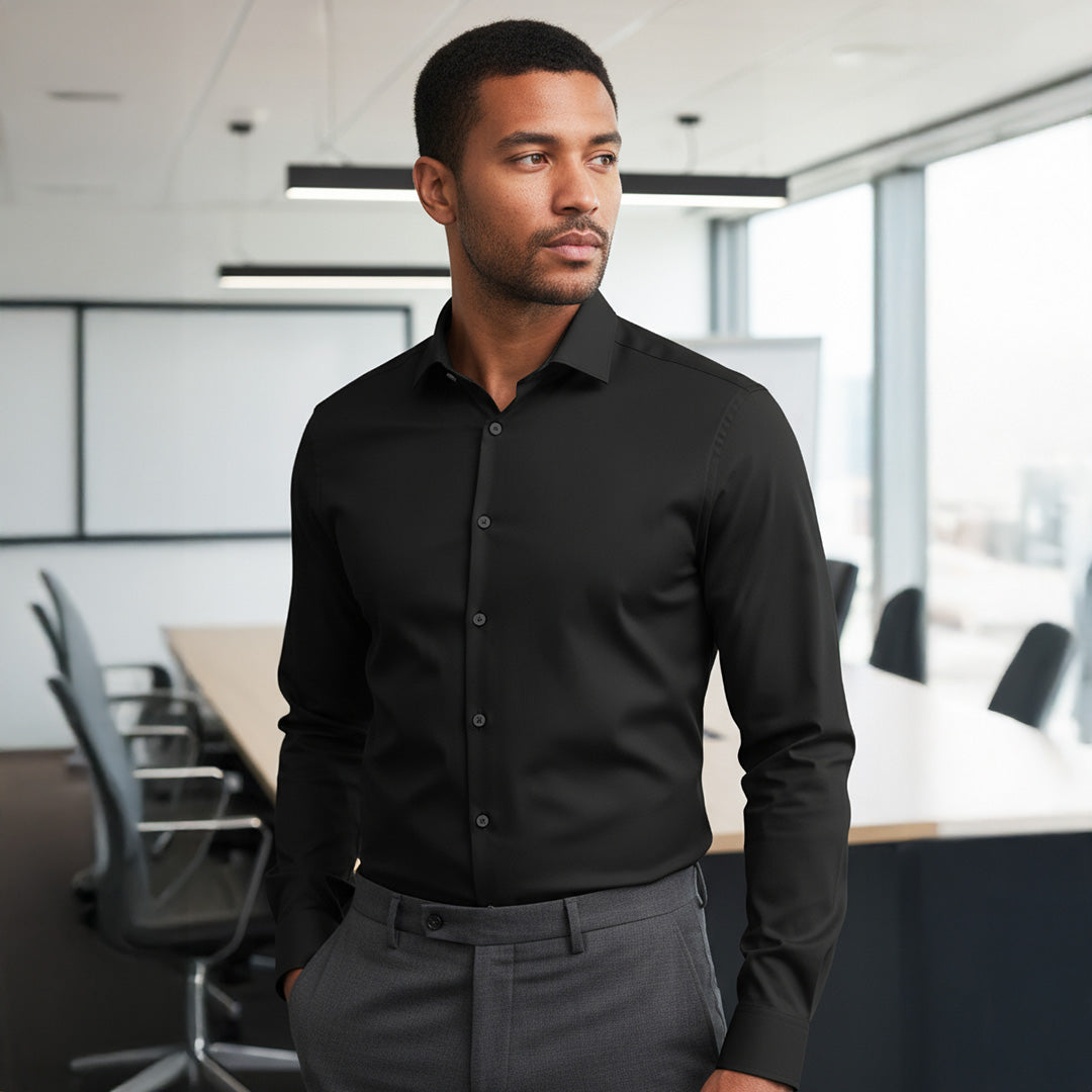 Valuetainment Men's Black Tencel Long Sleeve Button Down Shirt (Classic Fit)