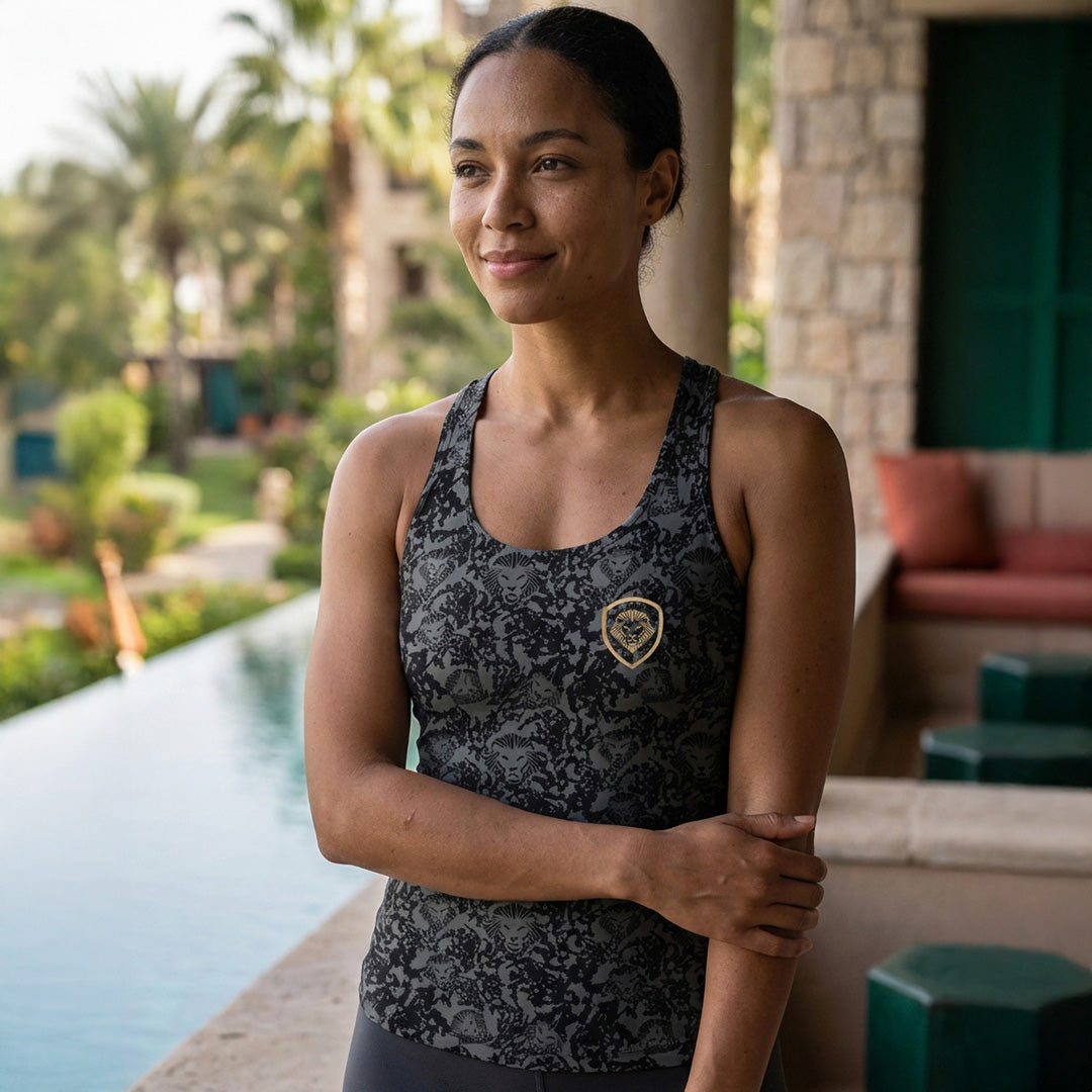 Women's Lion Shield Charcoal Grey Pattern Print Performance Midi Tank