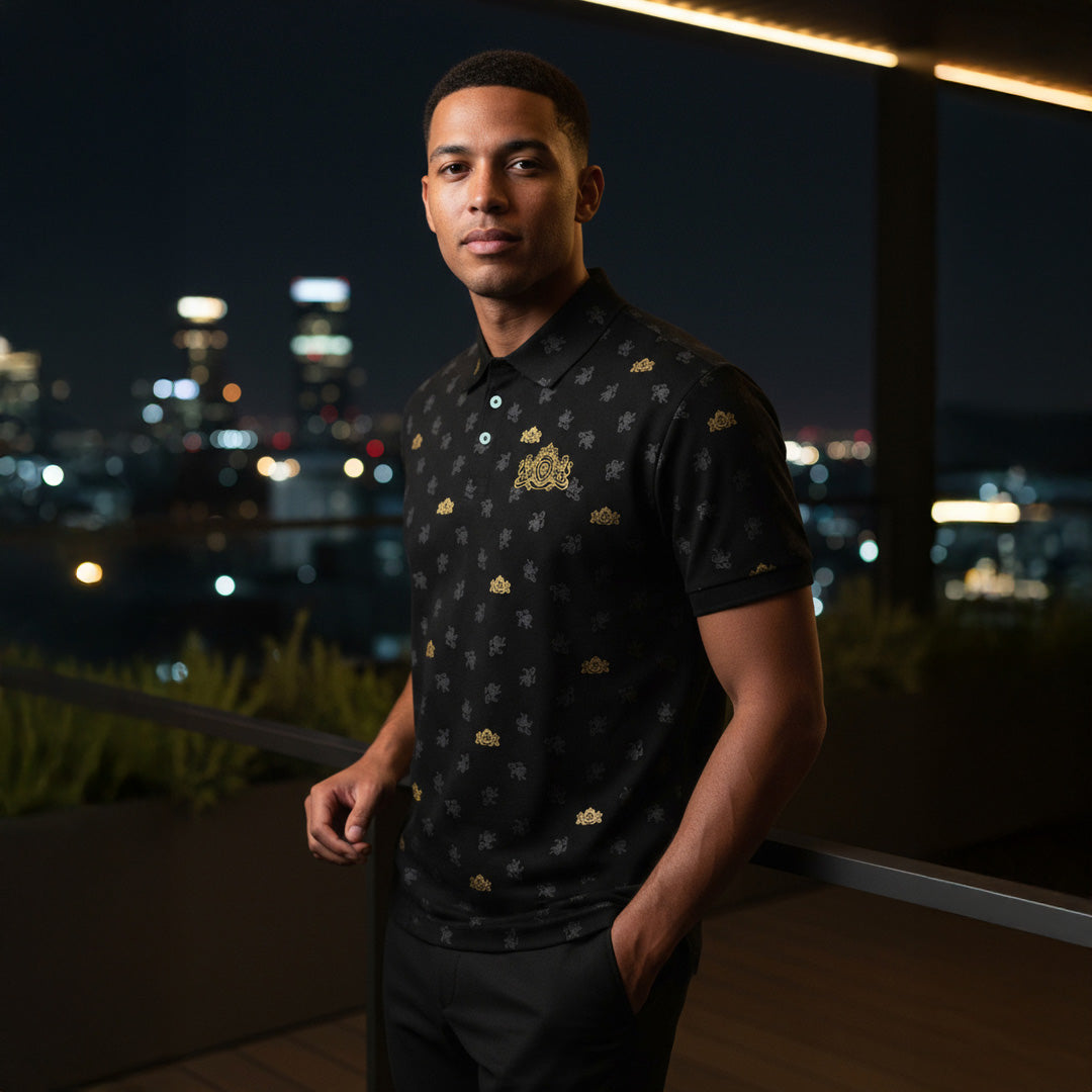 Future Looks Bright Royal Crest Allover Print Black and Gold Polo