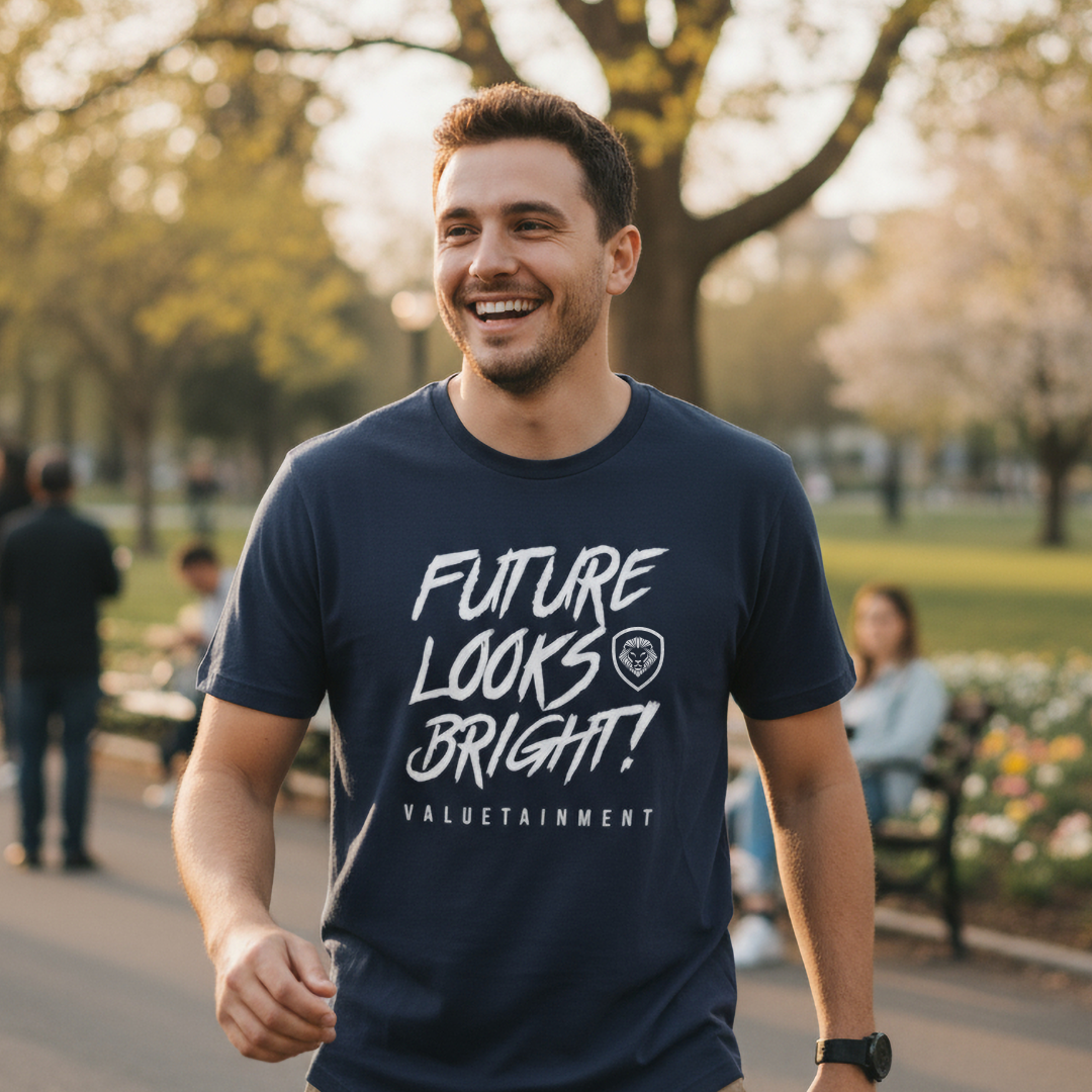 Future Looks Bright Premium Curved Hem Navy and White Short Sleeve T-Shirt