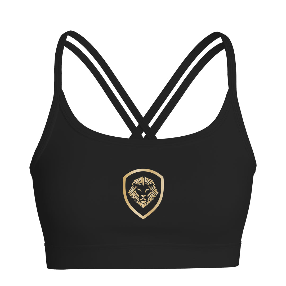 Women's Lion Shield Black and Gold Strappy Sports Bra