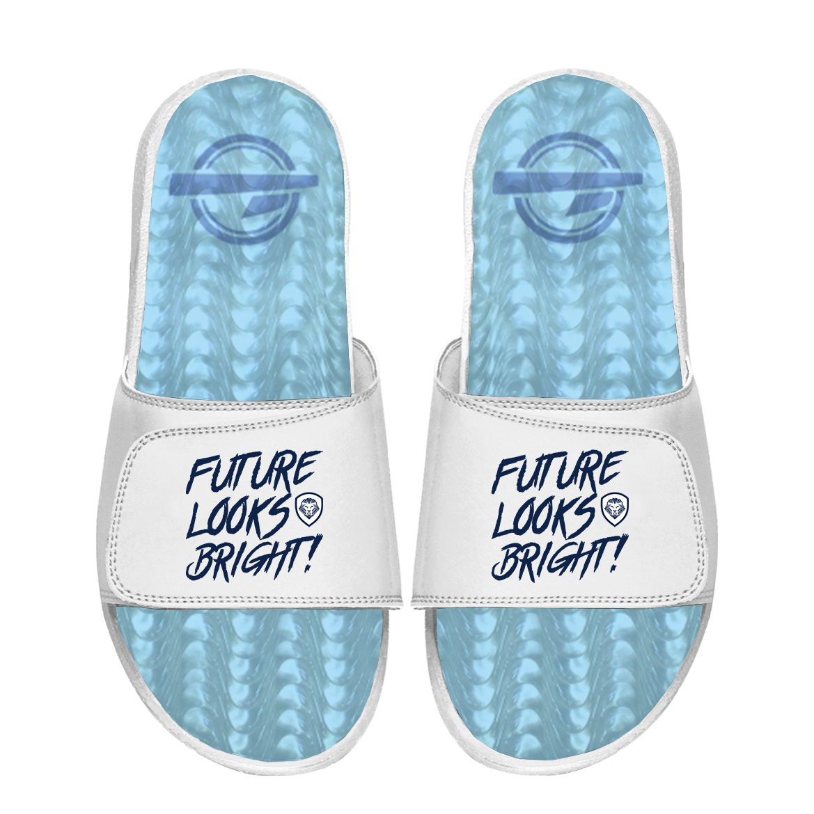 Future Looks Bright White and Blue Gel Comfort Slides