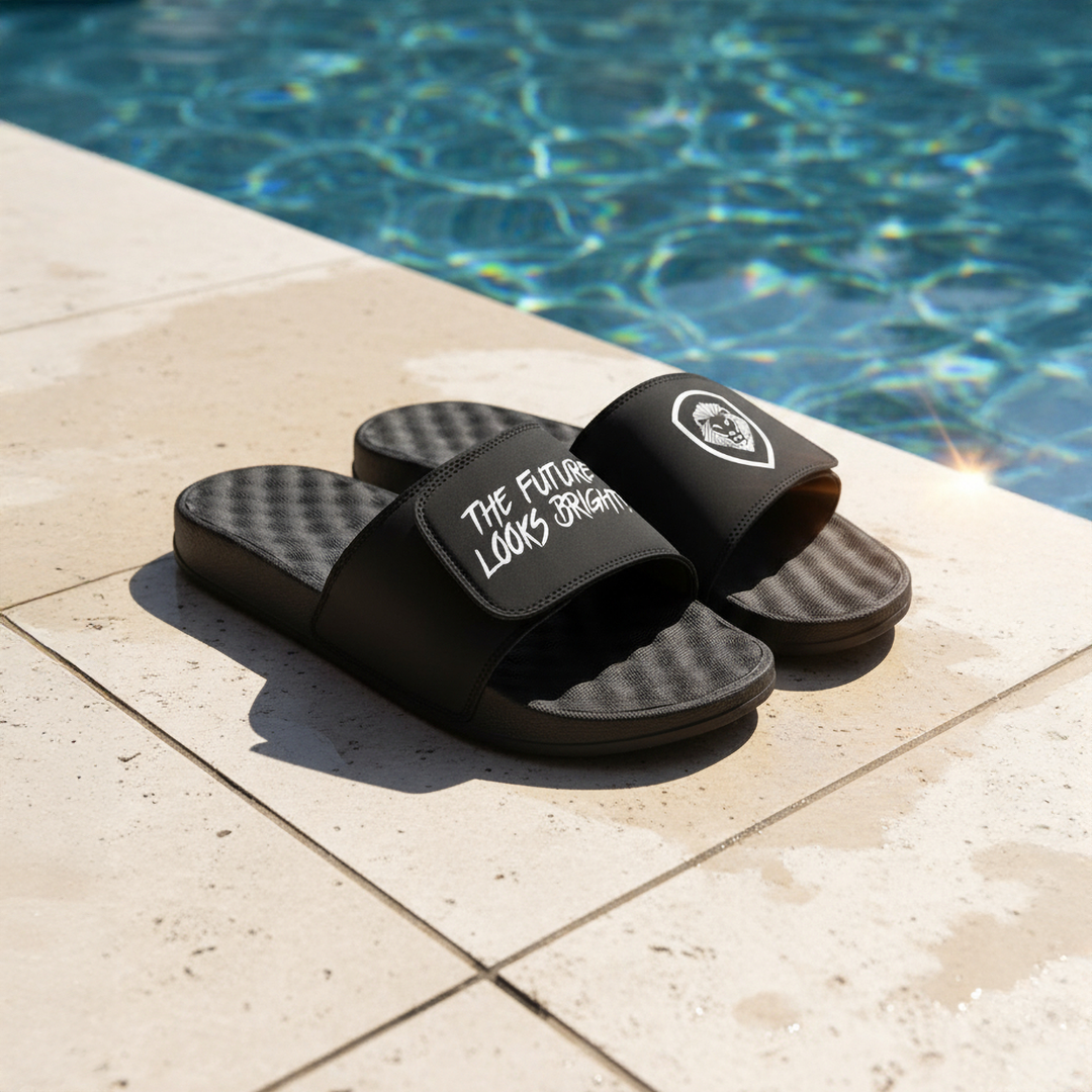 Future Looks Bright Lion Shield Black and White Comfort Slides