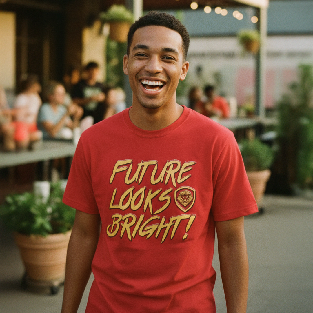 Future Looks Bright Red & Gold Raised Embossed Print Performance Short Sleeve T-Shirt