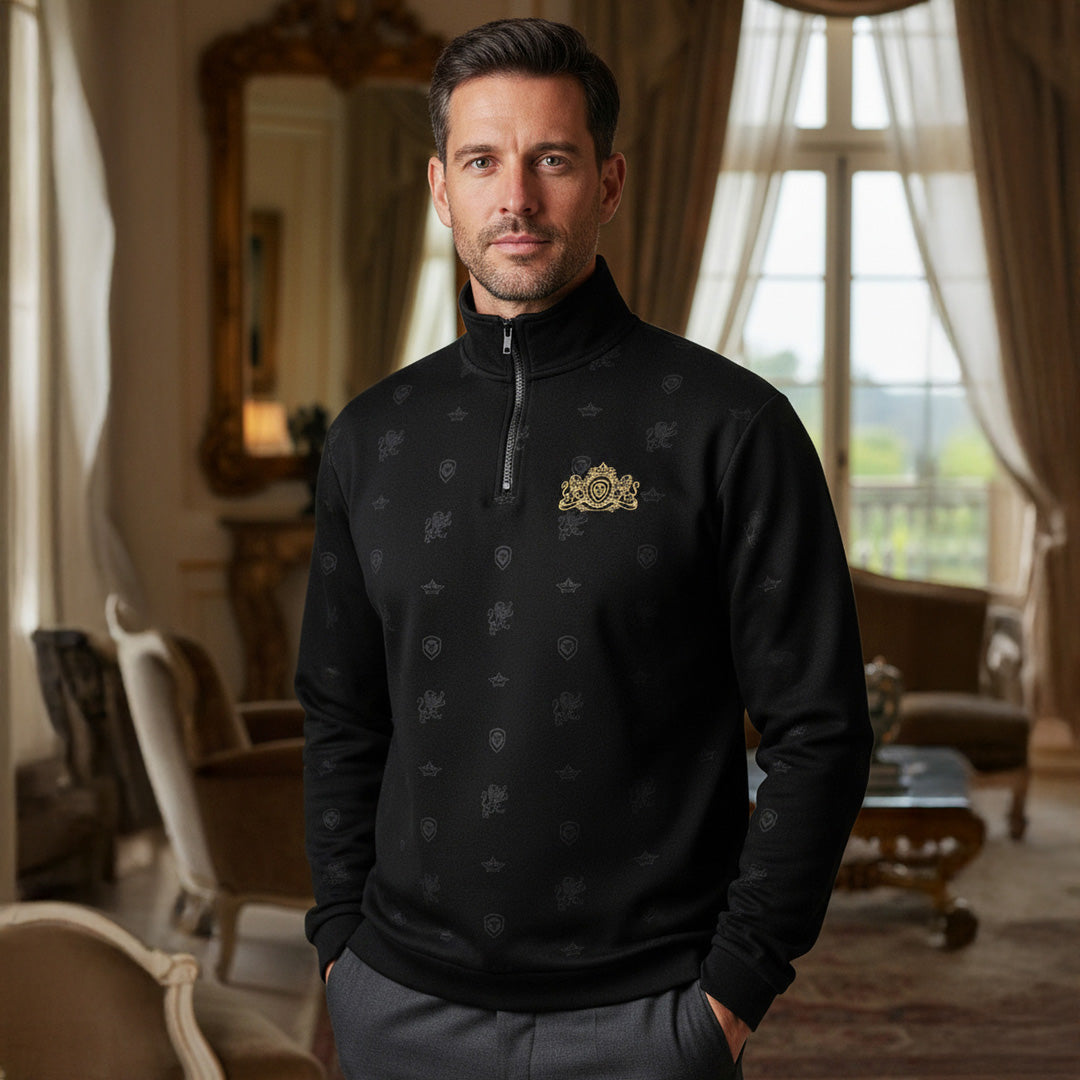 Future Looks Bright Royal Crest Allover Print Gold and Black 1/4 Zip Pullover