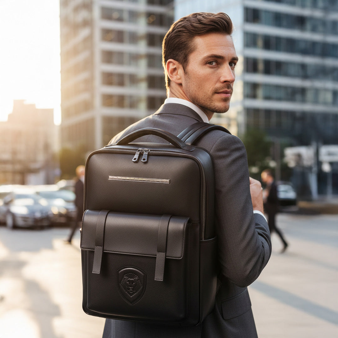 Valuetainment Embossed Lion Shield Premium Leather Backpack