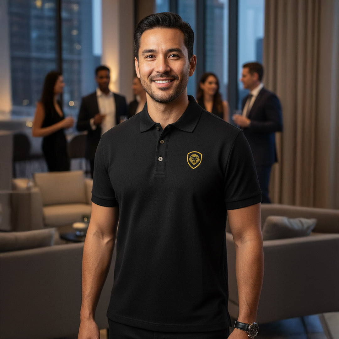 Future Looks Bright Lion Shield Logo Premium Black and Gold Polo Shirt (Classic Fit)