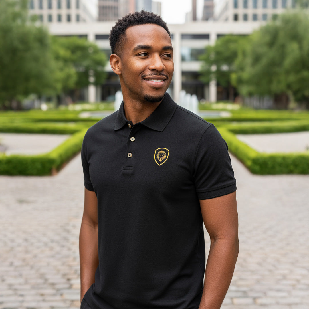 Future Looks Bright Lion Shield Logo Premium Black and Gold Polo Shirt (Classic Fit)
