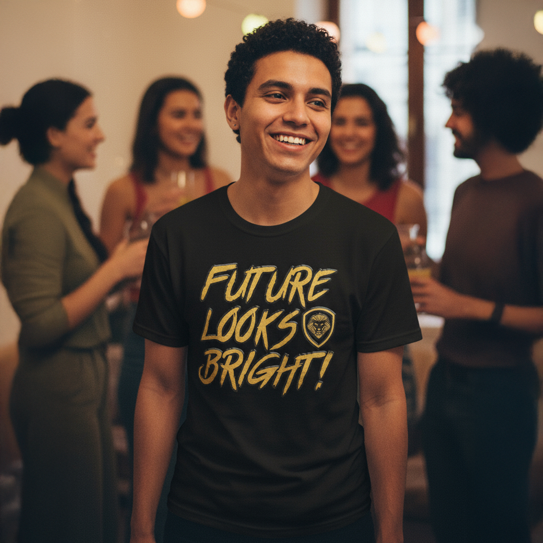 Future Looks Bright Black & Gold Raised Embossed Print Performance Short Sleeve T-Shirt