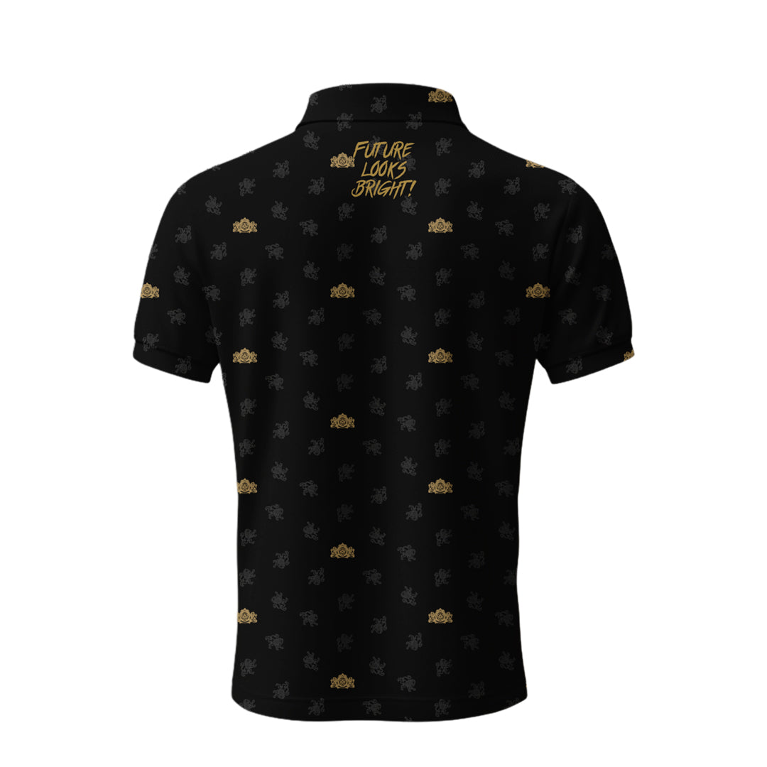 Future Looks Bright Royal Crest Allover Print Black and Gold Polo