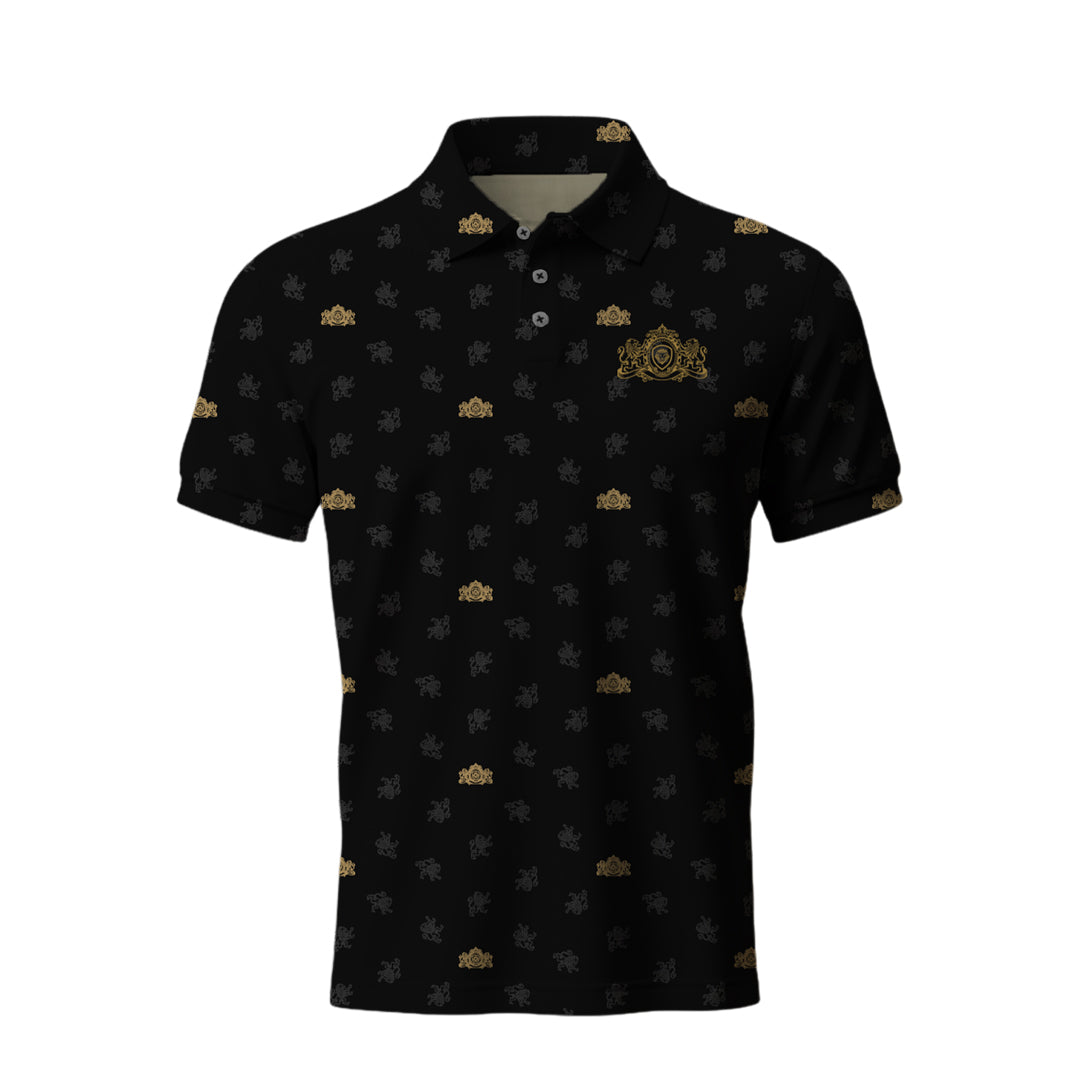 Future Looks Bright Royal Crest Allover Print Black and Gold Polo