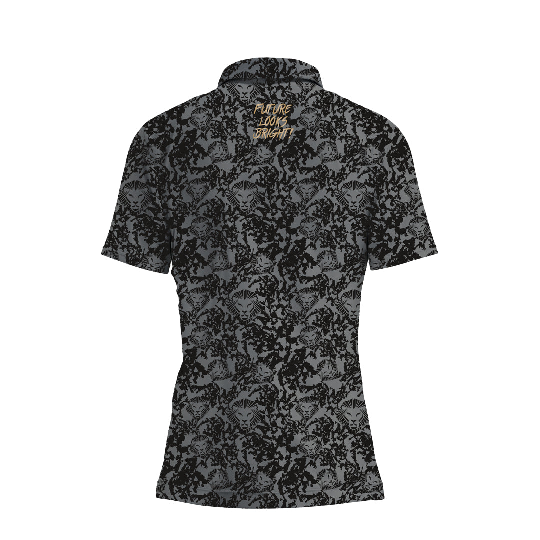 Women's Lion Shield Charcoal Grey Pattern Print Short Sleeve Polo