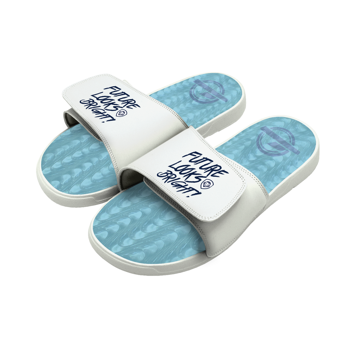 Future Looks Bright White and Blue Gel Comfort Slides