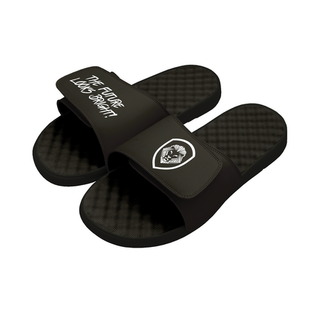 Future Looks Bright Lion Shield Black and White Comfort Slides