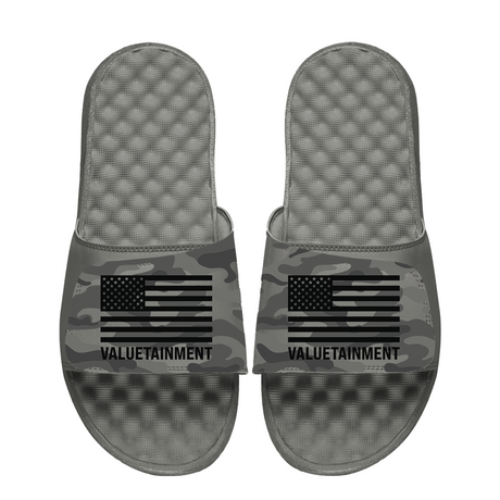 Valuetainment Patriotic USA Flag Gray Camo Comfort Slides
