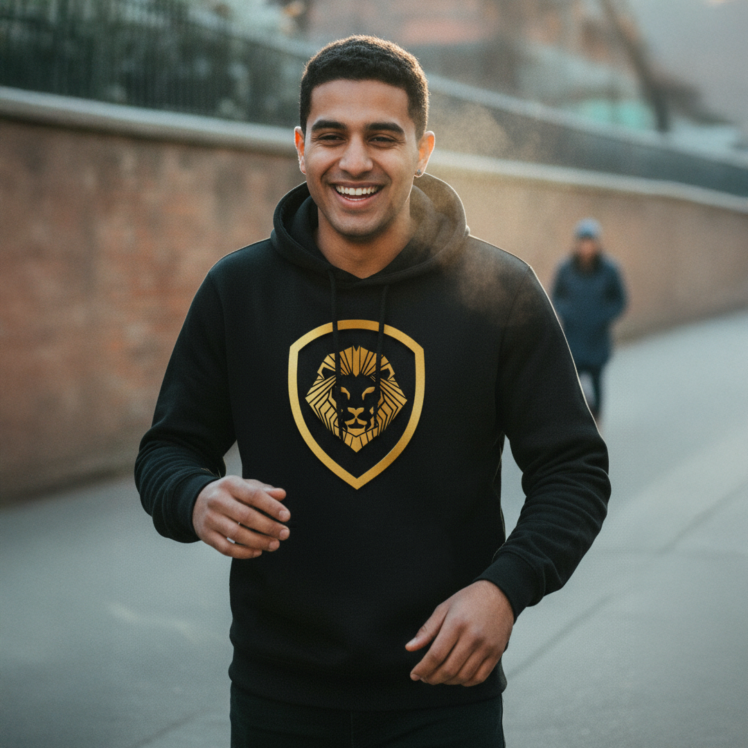 Valuetainment Lion Black & Gold Shield Pullover Performance Hoodie