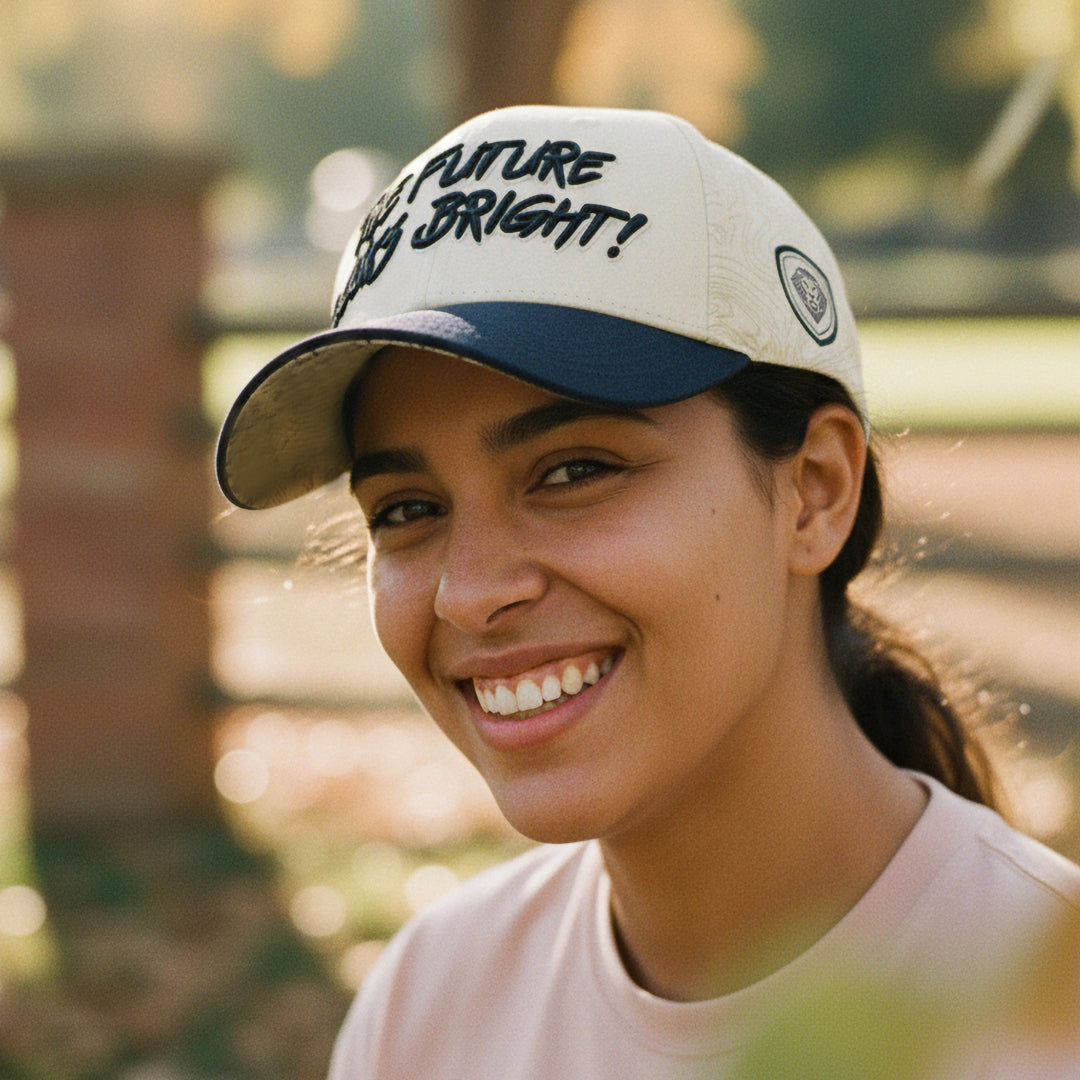 Future Looks Bright Dual Tone Beige and Navy Topo Print Snapback Hat