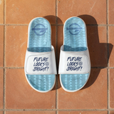 Future Looks Bright White and Blue Gel Comfort Slides